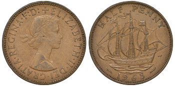 Великобритания 1/2 пенни 1965 Елизавета II (1952-2022) KM 896, Spink 4158 бронза 62-441