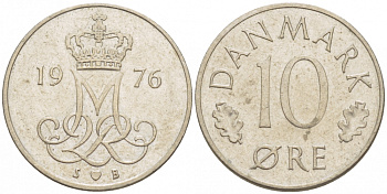 Дания 10 эре 1976 S; B, Маргрете II (1972- ) KM 860.1 медно-никель 3309-162