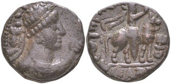 КУШАНСКОЕ ЦАРСТВО ТЕТРАДРАХМА 55 - 105 СОТЕР МЕГАС, БЮСТ ЦАРЯ, ЦАРЬ НА КОНЕ, ТАКСИЛА, 8,00 гр Mitchiner, ANCW 2949 медь 1073-19-45