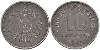 ГЕРМАНИЯ 10 ПФЕННИГОВ 1922 F KM 20, J. 298 железо 4401-123