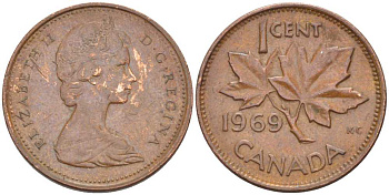 Канада 1 цент 1969 Елизавета II (1952-2022), кленовый лист KM 59.1 бронза 105-1167