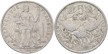 Французская Новая Каледония 5 франков 1994 птица кагу, (IEOM) KM 16, Schoen 12, Lec 81 алюминий 189-135