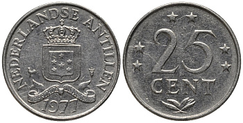 Нидерландские Антилы 25 центов 1977 Юлиана (1948-1980) KM 11 никель 4576-1225