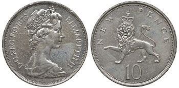 Великобритания 10 пенсов 1976 Елизавета II (1952-2022) KM 912, Spink 4231 (F1) медно-никель 4131-342
