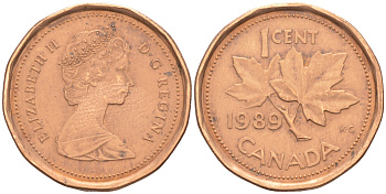 Канада 1 цент 1989 Елизавета II (1952-2022), кленовый лист KM 132 бронза 188-767