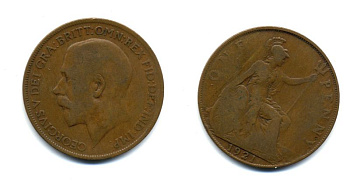 Великобритания 1 пенни 1921 Георг V (1910-1936) KM 810, Spink 4051 бронза 47-515