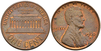 США 1 цент 1960 D, Линкольн KM 201 медь цинк 4564-331