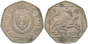 Кипр 50 центов 1996 похижение Европы KM 66 медно-никель 4620-432