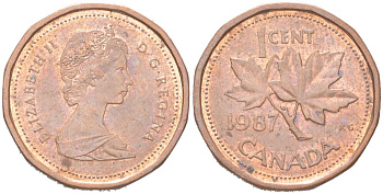 Канада 1 цент 1987 Елизавета II, кленовый лист KM 132 бронза 4611-252