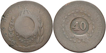 Бразилия 40 рейс 1835 провинция ICO, надчеканка на 80 рейсах Педро I KM 444.1 медь 650-1334