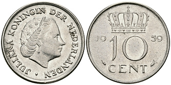 НИДЕРЛАНДЫ 10 ЦЕНТОВ 1959 ЮЛИАНА KM 182 никель 96-437