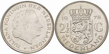 НИДЕРЛАНДЫ 2 1/2 ГУЛЬДЕНА 1978 ЮЛИАНА (1948-1980) KM 191 никель 38-832