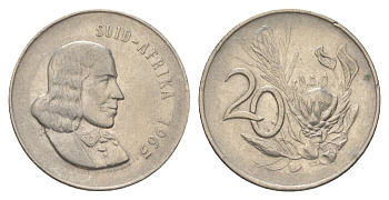 ЮАР 20 центов 1965 Ян ван Рибек (1619-1677), Suid Africa, легенда на африкаанс, цветок протея KM 69.2 никель 4626-747