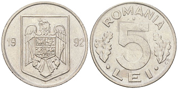 Румыния 5 леев 1992 KM 114 сталь плакированная никелем aUNC 4617-967