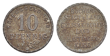 Бохум, Гельзенкирхен, Хаттинген 10 пфеннигов 1918 Funck 49.1, Men05 3022.1, Men18 3860.1 железо 54-221
