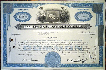 США, Belding Heminway Co, Inc. 12 акций 1972 бумага 8802-83-1