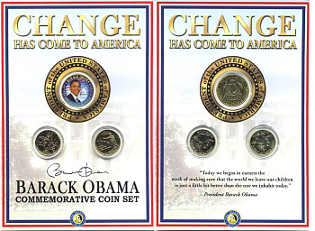 США набор из 3 монет 2003-2008 1/2 доллара (50 центов) - Барак Обама, 25 центов Иллинойс и 25 центов Гаваи. В оригинальном буклете, позолота, цветная эмаль, сертификат  медно-никель  UNC  7-6-1-03
