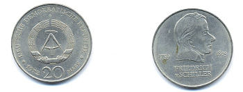 ГДР 20 марок 1972 А, Фридрих Шиллер (1759-1805) KM 40 медно-никель 3333-721