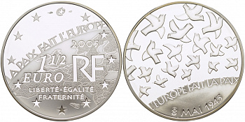 Франция 1 1/2 евро 2005 60 лет мира в Европе, голуби мира КМ 1441 серебро PROOF 1077-10-64