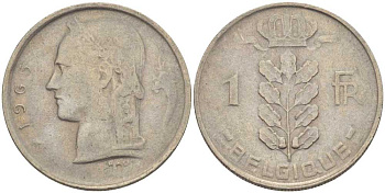 БЕЛЬГИЯ 1 ФРАНК 1965 BELGIQUE, БОДУЭН I (1951-1993) KM 142.1 медно-никель 202-1025