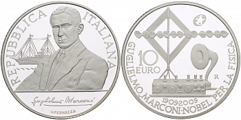 Италия 10 евро 2009 100 лет со дня вручения нобелевской премии Гильермо Маркони, изобретатель радио KM 317 серебро PROOF 11-153-33