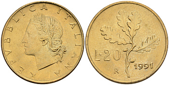 Италия 20 лир 1991 R, дубовый лист KM 97.2 алюминиевая бронза  UNC  4594-765
