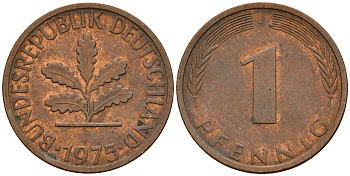 ФРГ 1 пфенниг 1975 J KM 105, J. 380 сталь плакированная медью    4598-548