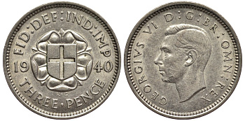 Великобритания 3 пенса 1940 Георг VI (1936-1952) KM 848, Spink 4085 серебро 4528-555