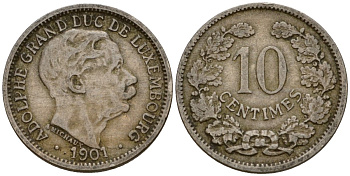Люксембург 10 сантимов 1901 Адольф (1890-1905) KM 25 медно-никель 4602-426