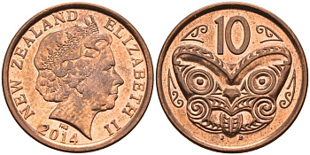 Новая Зеландия 10 центов 2014 маска Маори, Елизавета II (1952-) KM 117а сталь плакированная медью 68-1231