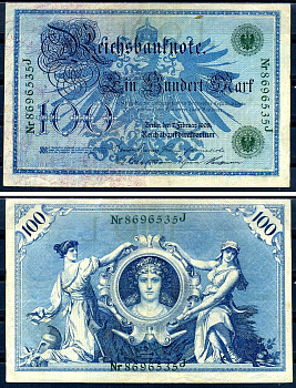 Германия 100 марок 1908 выпуск 7 февраля 1908, выпуск конец 1916 - ноябрь 1918, зеленая печать Pick 34 бумага 8617-33-2-2