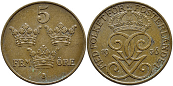 Швеция 5 эре 1936 длинная 6, Густав V (1907-1950) KM 779.2 бронза 4394-933