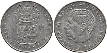 Швеция 1 крона 1973 Густав VI Адольф (1950-1973) KM 826а медь плакированная медно-никелем 4395-556