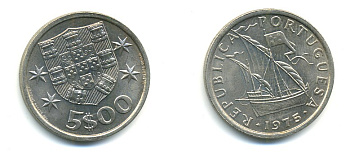 ПОРТУГАЛИЯ 5 ЭСКУДО 1975 ПАРУСНИК KM 591 медно-никель 176-227