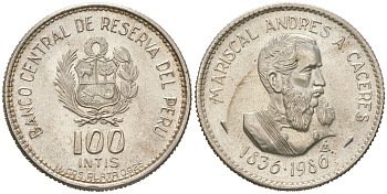Перу 100 инти 1986 150 лет со дня рождения Андрес Авелино Касерес KM 298 серебро  UNC  413-4244