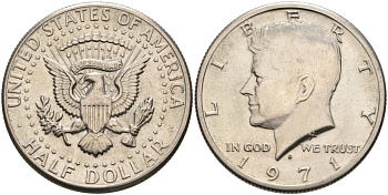 США 1/2 доллара (50 центов) 1971 D, Джон Кеннеди KM 202b медь плакированная медно-никелем 4565-621