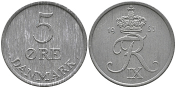 ДАНИЯ 5 ЭРЕ 1963 C; S, ФРЕДЕРИК IX (1947-1972) KM 843.2 цинк UNC 32-533