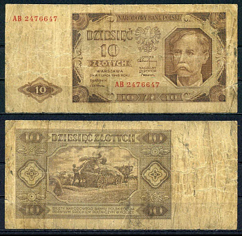 Польша 10 злотых 1948 Pick 136 (2) бумага 451-851-1-1