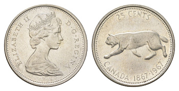 Канада 25 центов 1967 пума, 100 лет Конфедерации Канада, Ссеребро 0.800, вес 5,83 гр, диаметр 23,88 мм KM 67 серебро 4622-925