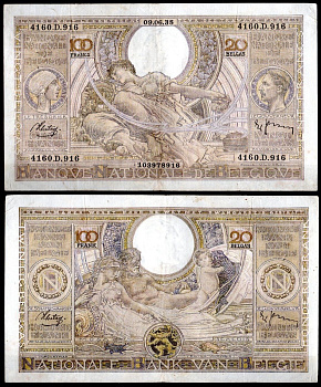 Бельгия 100 франков 1938 Pick 107 (3) бумага 7457-32-3-1