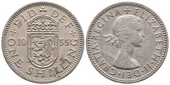 Великобритания 1 шиллинг 1955 Елизавета II (1952-2022), Шотландский герб KM 905, Spink 4148 медно-никель 86-856