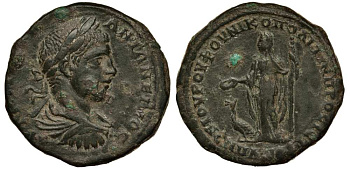 Римская Империя, Провинция Нижняя Мезия, Никополь-на-Истре пентассарий 218 - 222 Элагабал, бюст императора / Гера со скипетром и патерой, у ног павлин, 13,62 гр Varbanov 4030 медь 1073-7-55