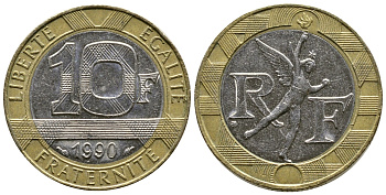 Франция 10 франков 1990 тип Гений Бастилии KM 964.1, Le Frank 375.5 биметалл 51-5146