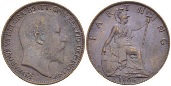Великобритания 1 фартинг 1906 Эдуард VII (1901-1910), KM 792, Spink 3992 бронза 4543-955