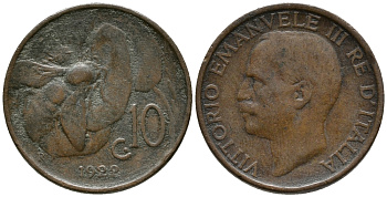 ИТАЛИЯ 10 ЧЕНТЕЗИМО 1922 R, ВИКТОРИО ЭМАНУИЛ III, ПЧЕЛА KM 60 медь 34-1225