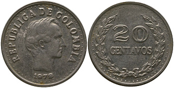 Колумбия 20 сентаво 1972 KM 246.1 сталь плакированная никелем 4529-745