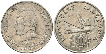 Французская Новая Каледония 10 франков 2007 рыбачья парусная лодка, (IEOM) KM 11a, Schoen 13a, Lec 99k медно-никель 58-1114