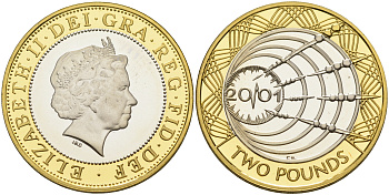 Великобритания 2 фунта 2001 Елизавета II (1952-2022), столетие трансатлантическому радио Spink 4572 (K11) биметалл PROOF 00-809-81