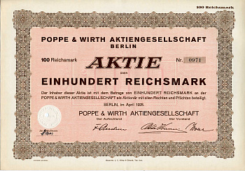 Германия 100 рейхсмарок 1928 Акционерное общество "Поппе и Вирт", Берлин, акция   бумага   8803-63-1