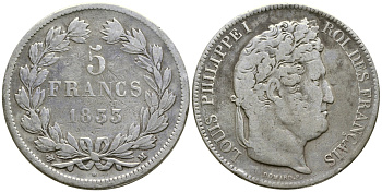 Франция 5 франков 1833 M, Луи Филипп I (1830-1848) KM 749.9 серебро 1066-6-33